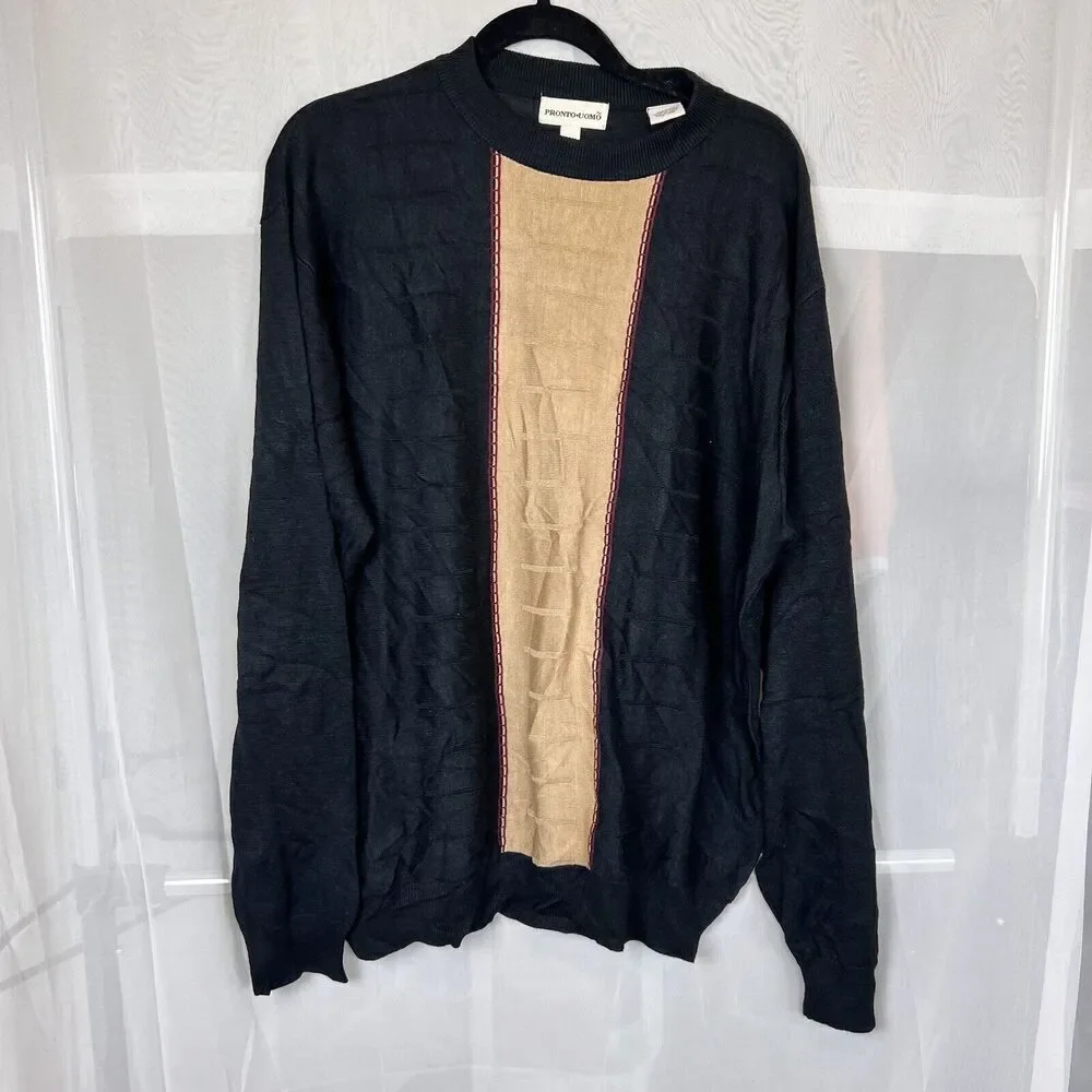 Vintage Pronto-Uomo Sweater Mens XL Pullover Silk Cotton Knit Crewneck Black